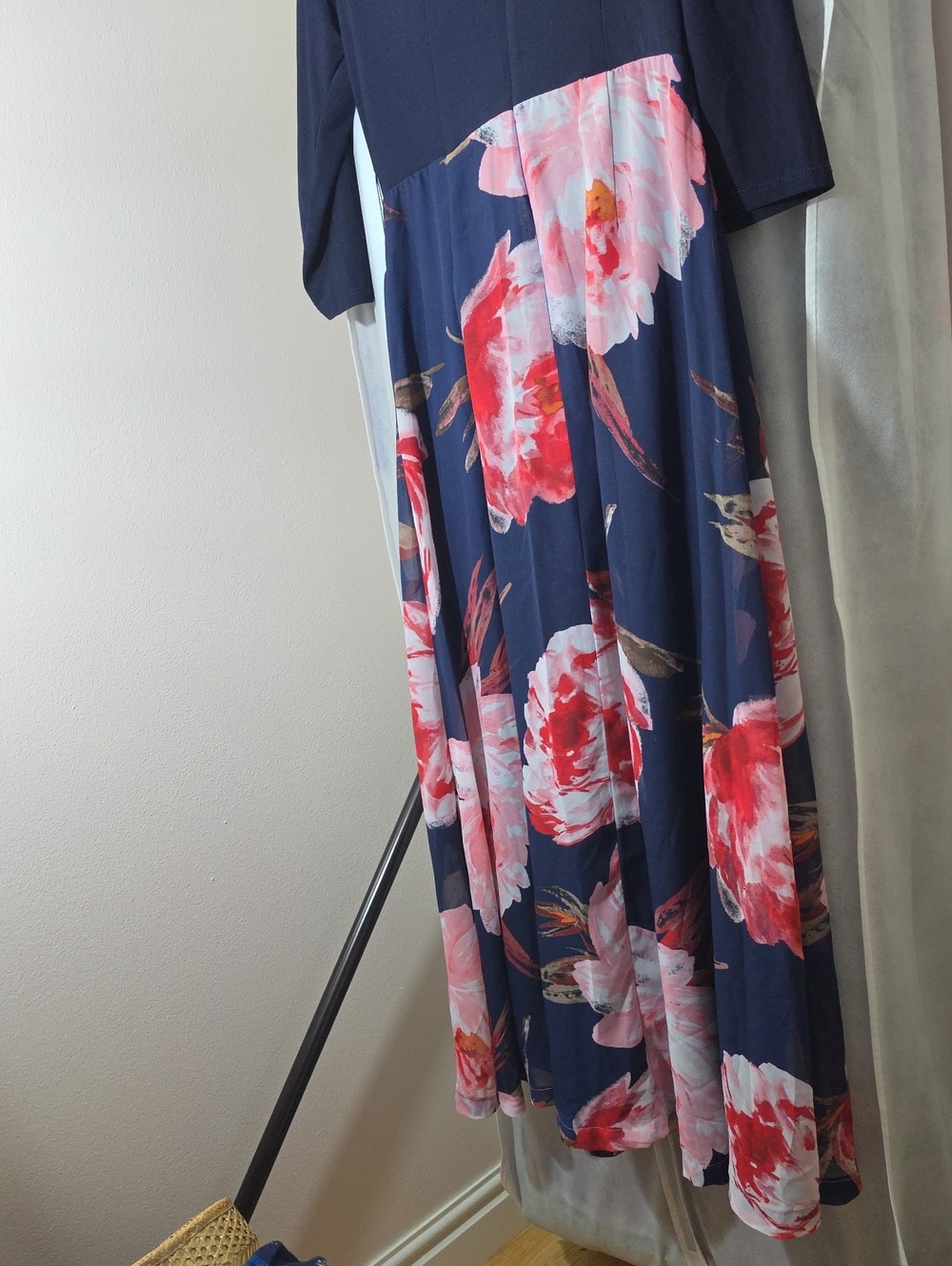 Chetta B Navy Maxi Dress with Pink & Red Floral Accents